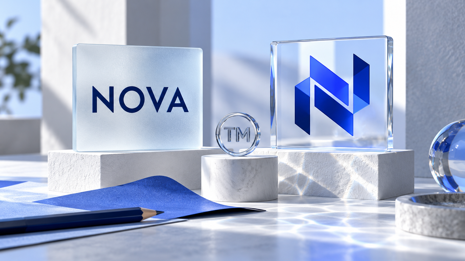 Word identity and geometric logo displayed on separate glass cards