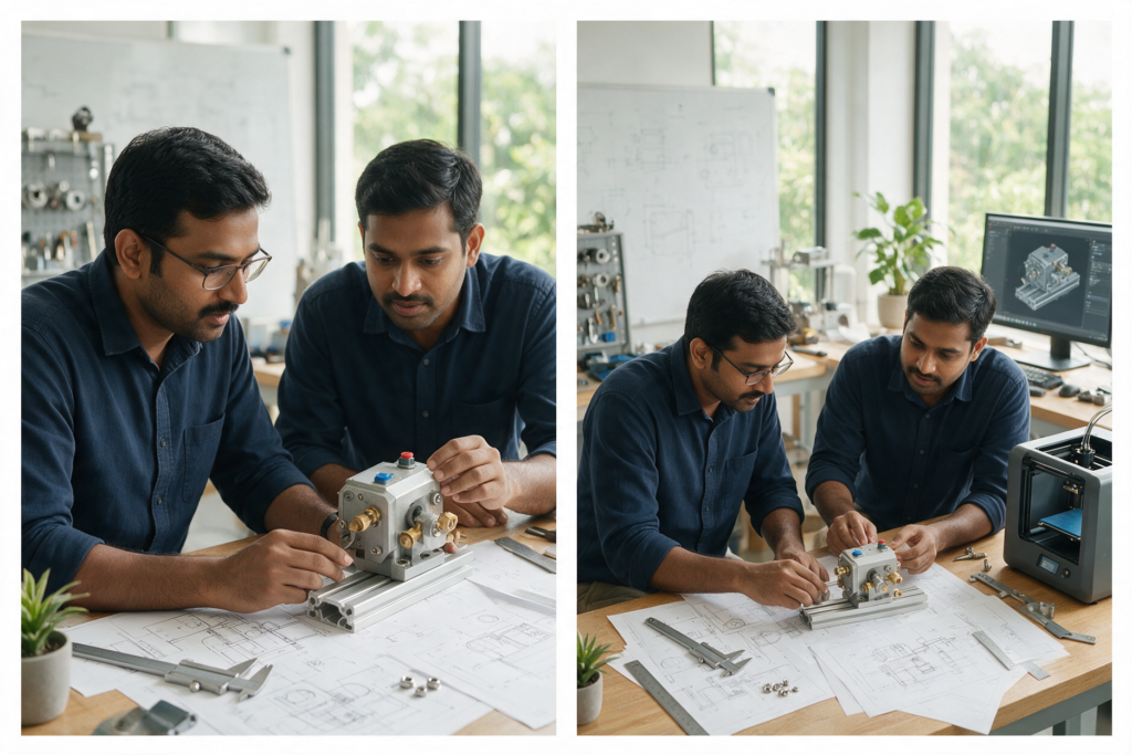 Engineers reviewing a mechanical prototype and technical drawings