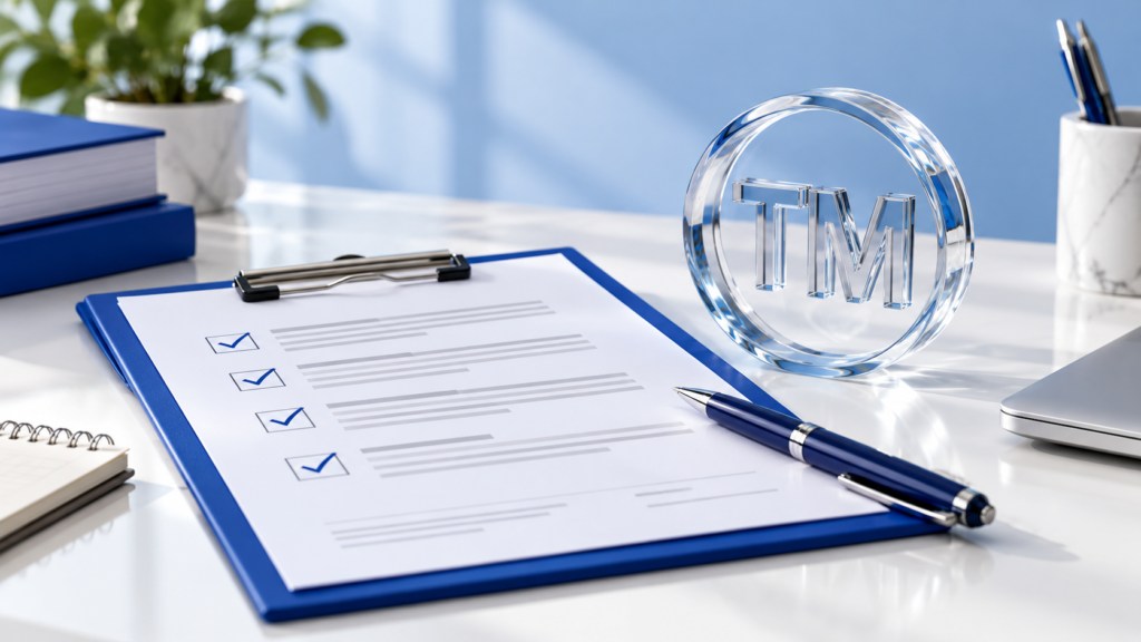 A blue application checklist and pen beside a glass trademark symbol