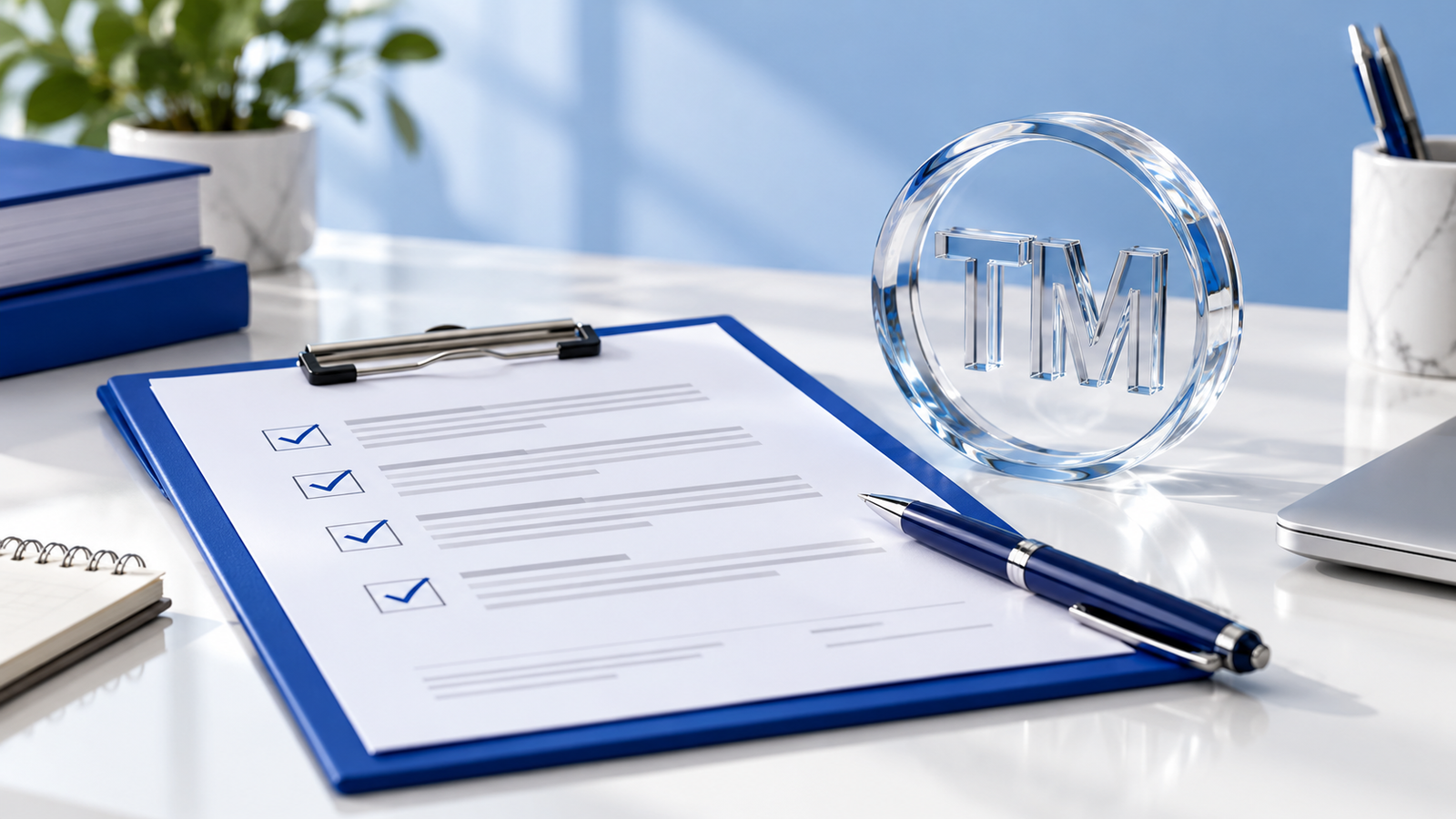 A blue application checklist and pen beside a glass trademark symbol