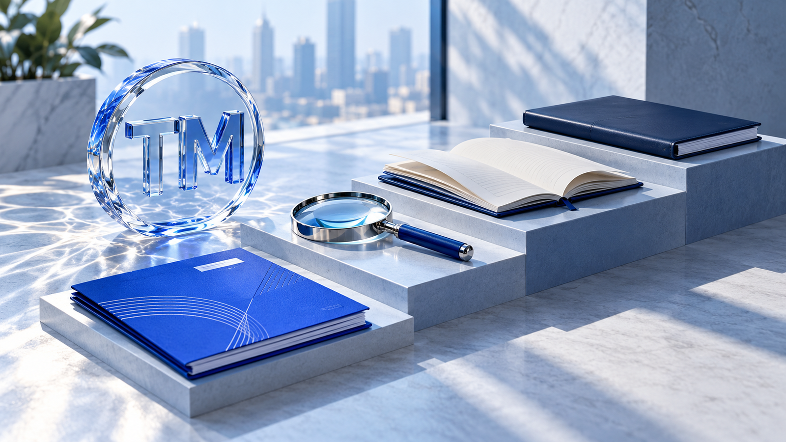 Folders and a journal on ascending steps illustrating the trademark application stages