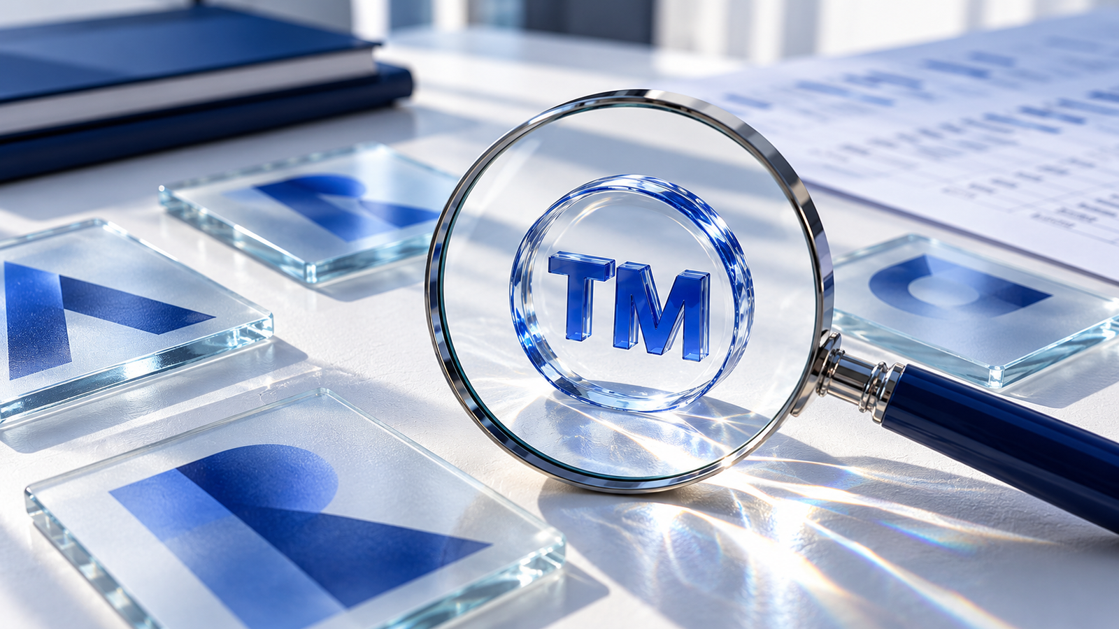 A magnifying glass examining a trademark symbol among abstract brand cards