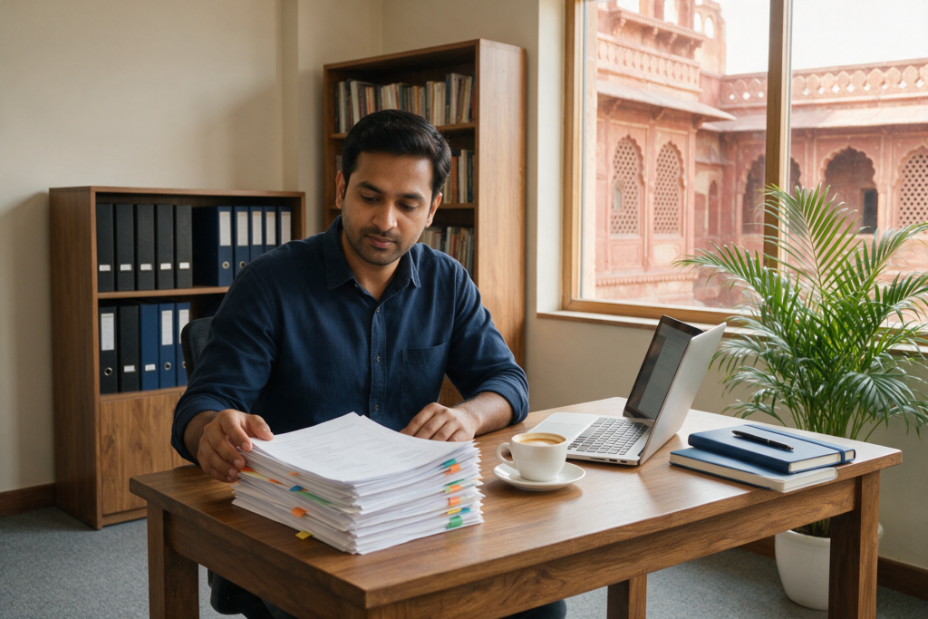Entrepreneur organising business and address records in a Rajasthan office