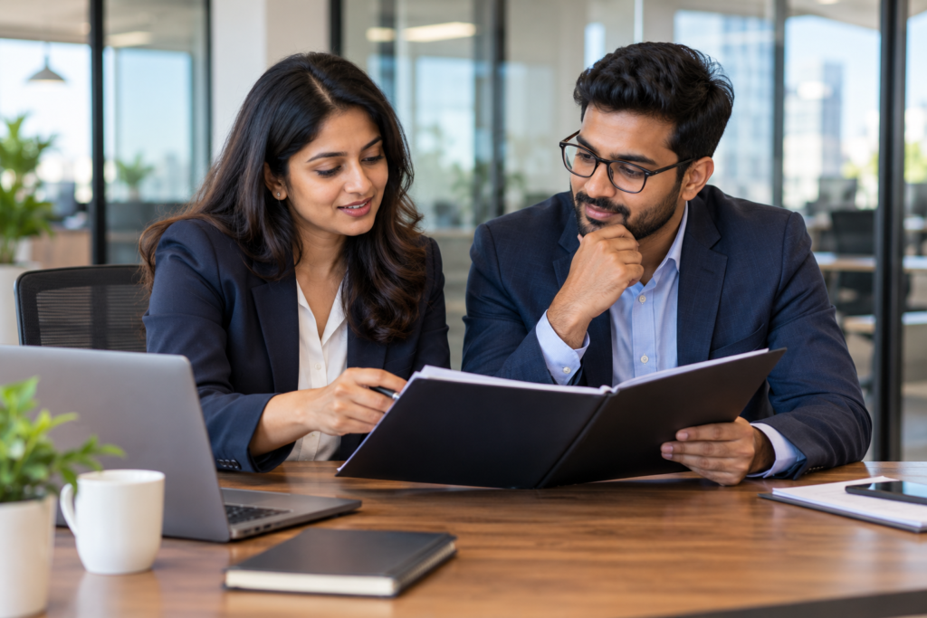 Two co-founders reviewing their business planning documents