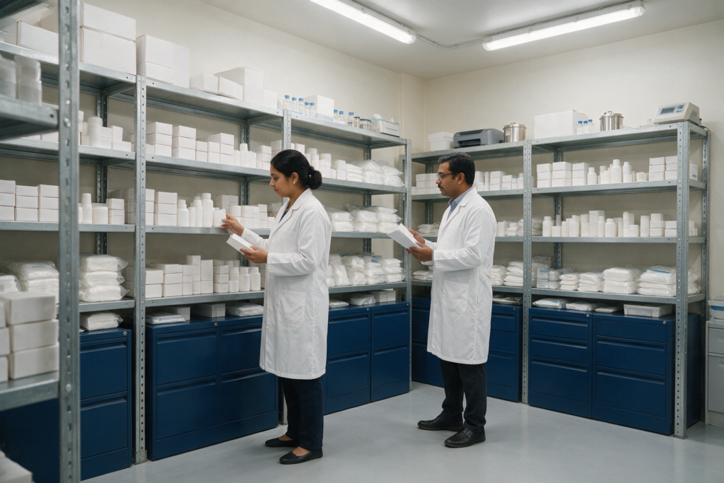 Pharmaceutical and cosmetic compliance staff checking stock and records