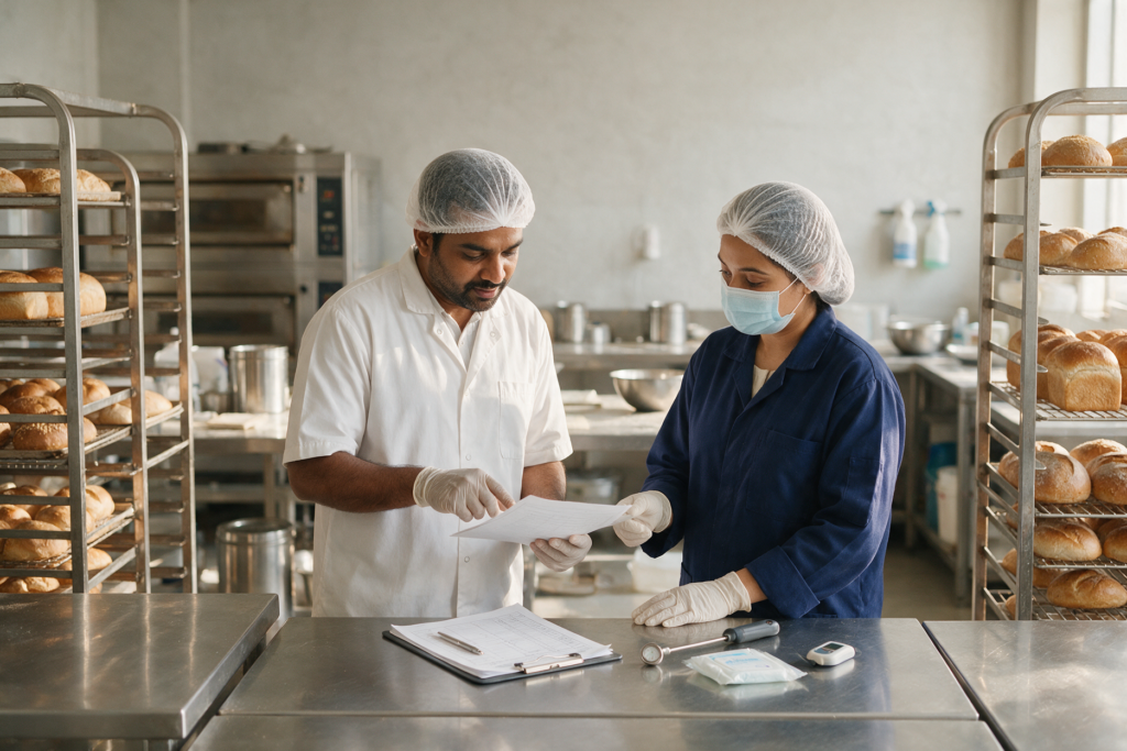 Food business owner and safety professional reviewing a clean bakery