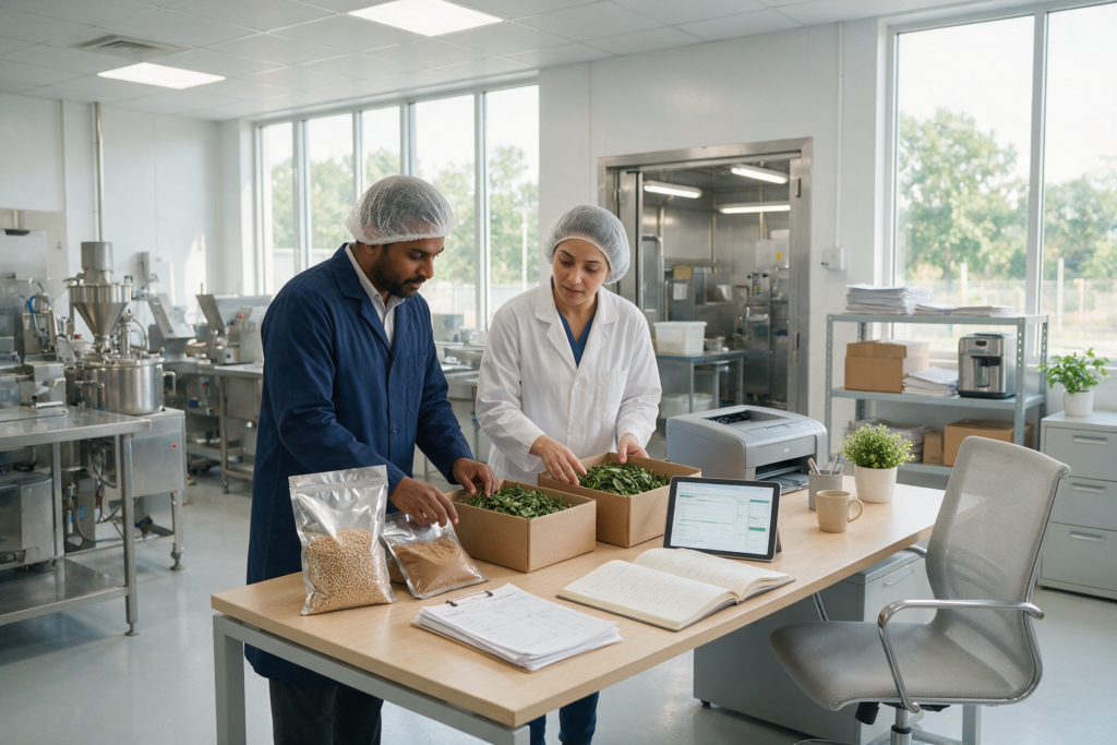 Food quality team reviewing ingredients and traceability records