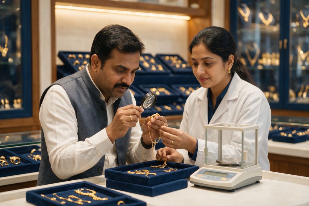 Jewellery business owner and quality specialist examining gold articles