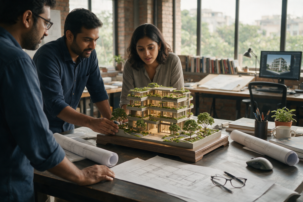 Architects reviewing a sustainable building model