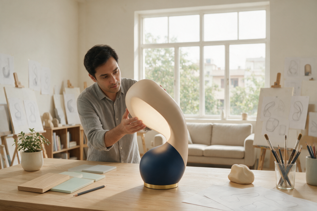 Product designer reviewing the appearance of a table lamp prototype