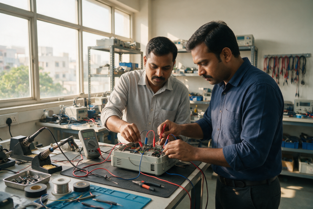 Quality engineers examining a product at a testing bench