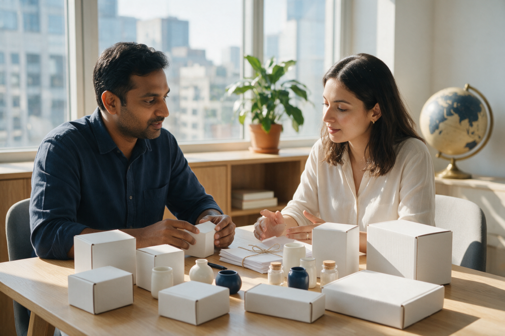 Entrepreneur and designer reviewing unbranded product packaging for overseas markets