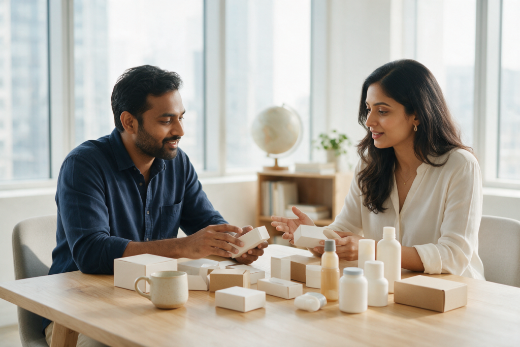 Entrepreneur and designer reviewing unbranded product packaging for overseas markets