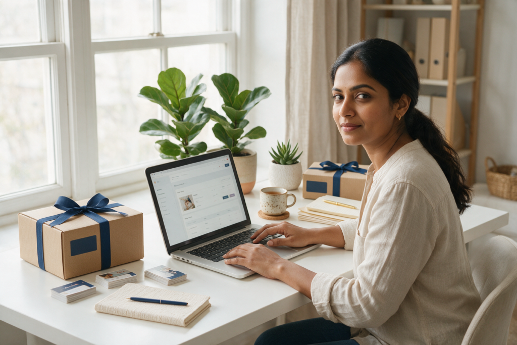 Solo founder reviewing business records in an office