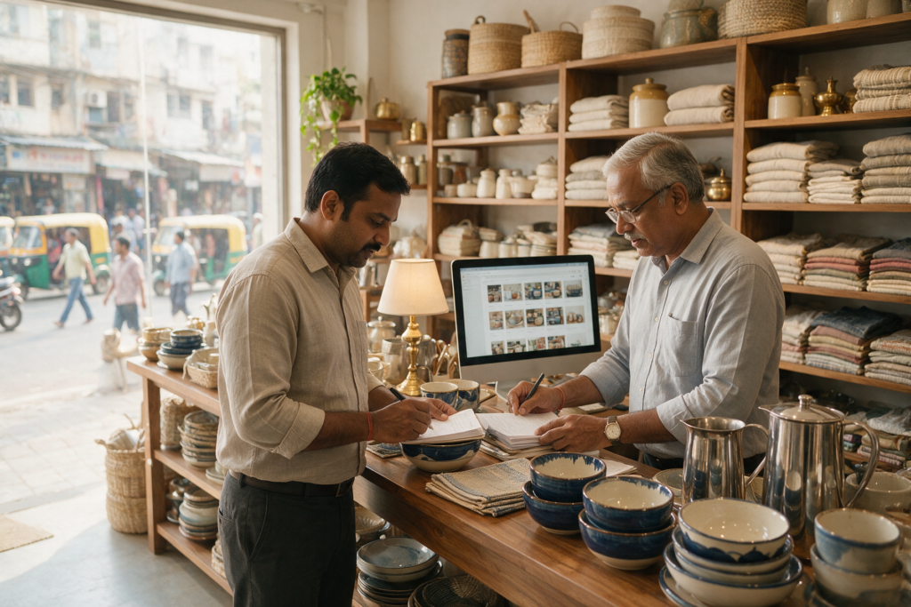 Business partners checking products and stock records in a showroom