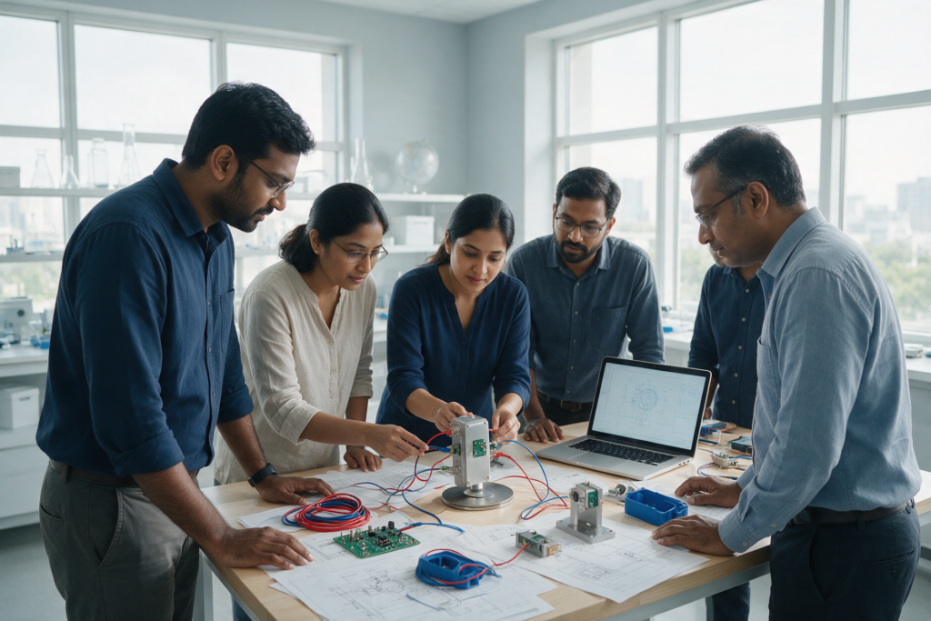 Research team reviewing a clean-energy sensor prototype