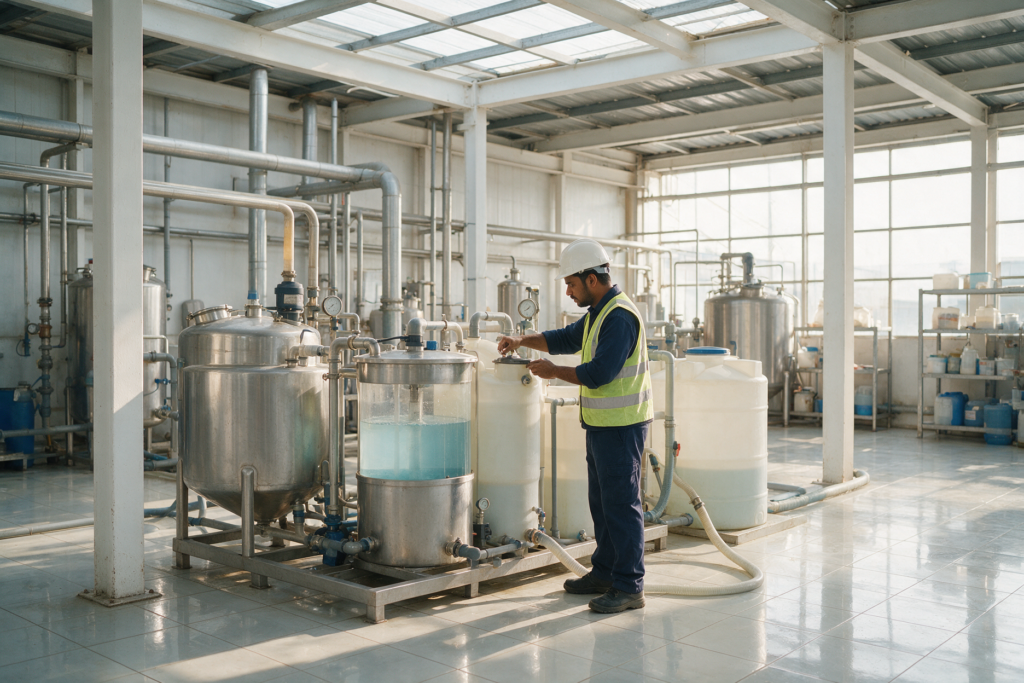 Environmental engineer inspecting industrial water-treatment equipment
