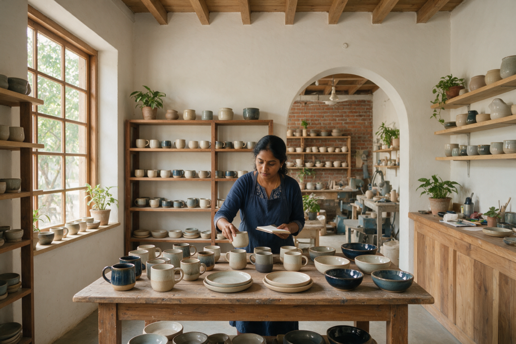 Independent business owner organising handmade ceramics in her shop