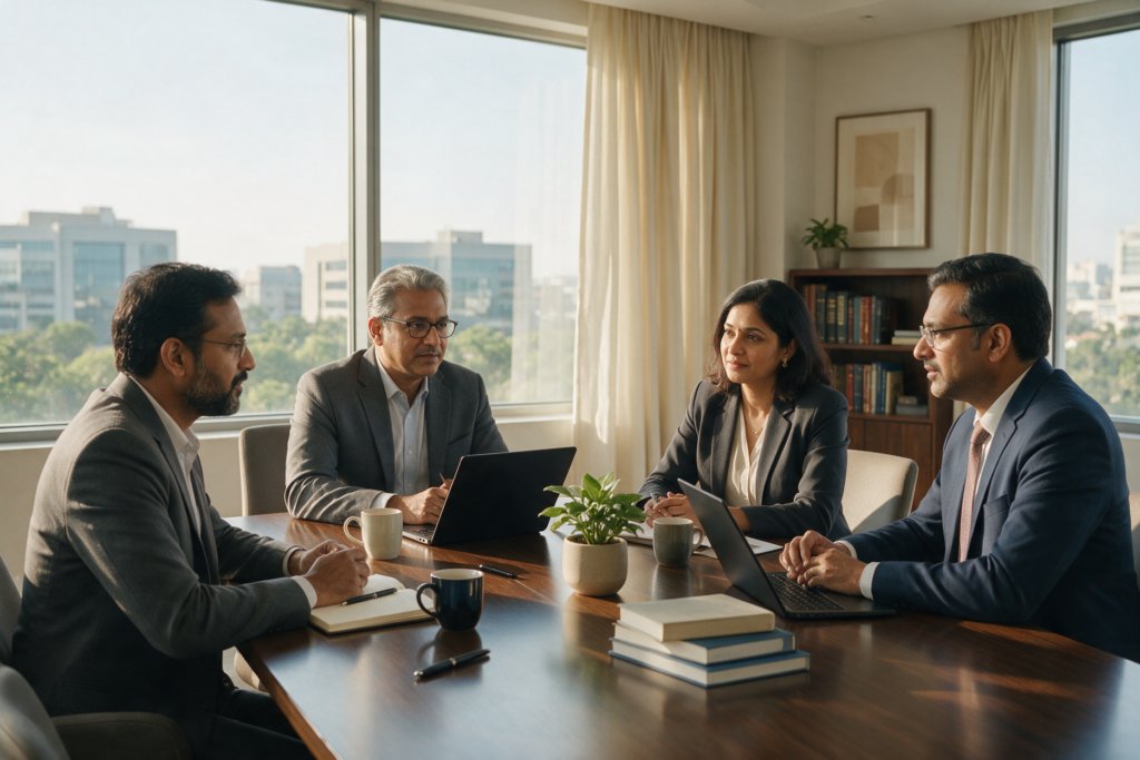 Corporate leadership team discussing plans in a boardroom
