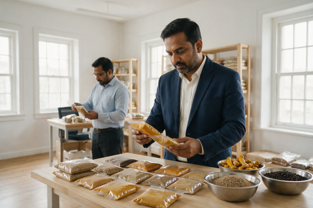 Spice exporter reviewing sealed spice packages and stock information