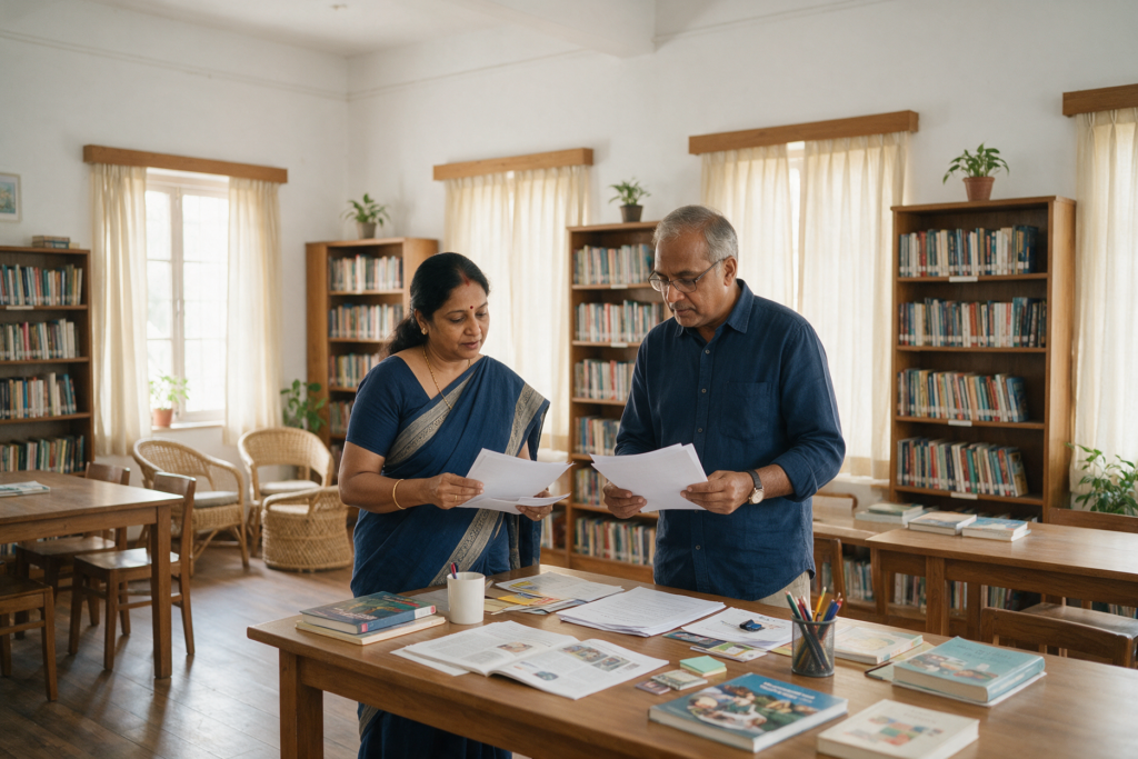 Charitable trustees reviewing plans for a community library